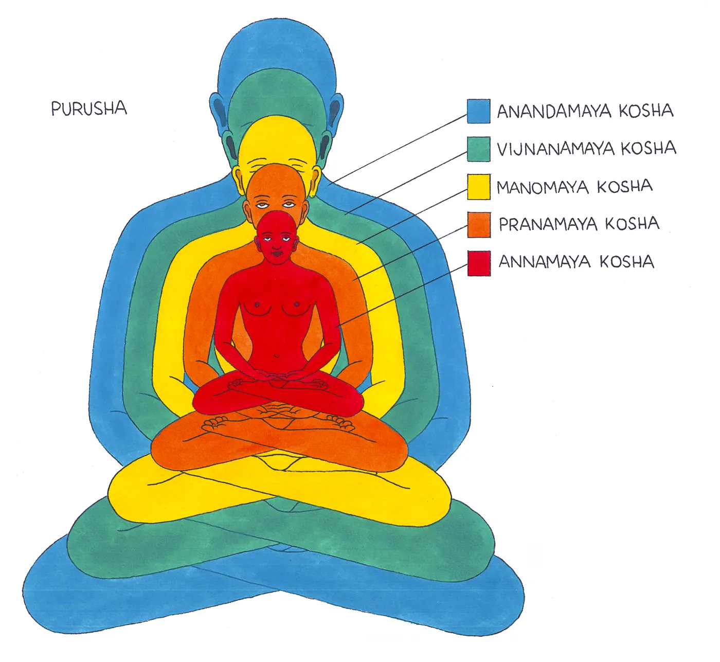 Hand illustrated diagram of the five koshas, the layers of the self in yoga and Ayurveda