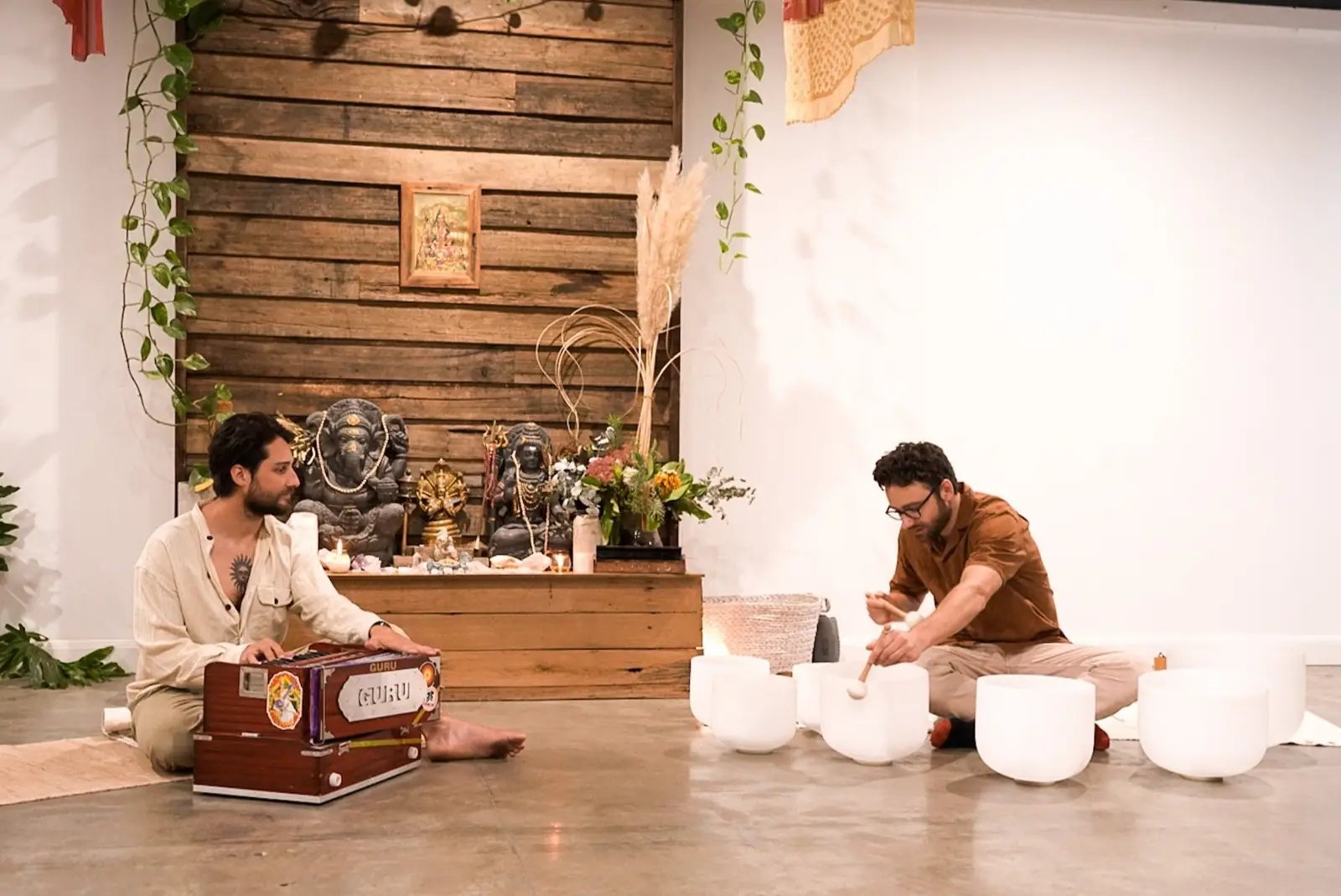 A sound healing session in the Berwick studio with singing bowls