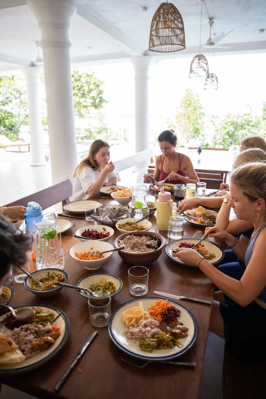 A shared table of vegetarian dishes