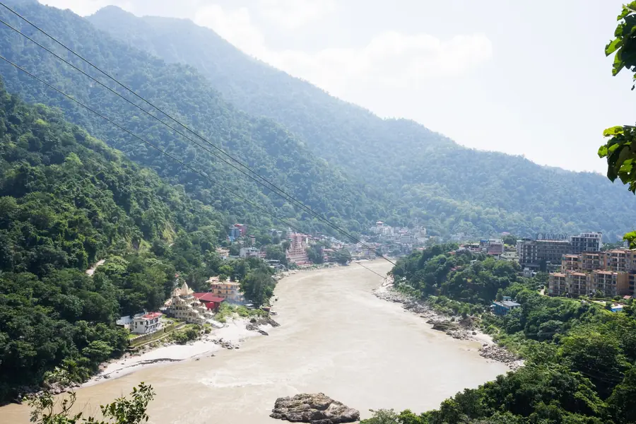The Ganges winding through green mountains at Rishikesh